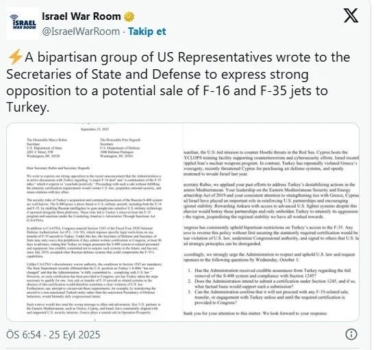 İsrail lobisinden skandal hamle! Türkiye’ye F-16 ve F-35 satışına engel girişimi